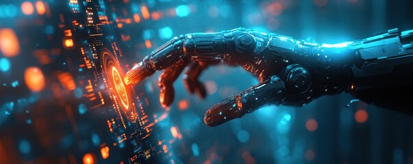 Advanced Robotic Hand Interacting with Digital Circuitry Future Tech Concept