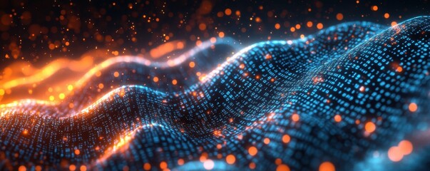Dynamic Data Wave with Binary Code and Glowing Particles in Motion