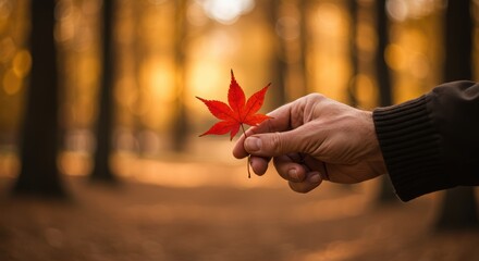 close-up of an old man's hand holding a red maple leaf