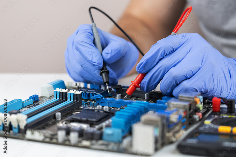 Computer Fixed Images Technician under fixed and repairing computer mainboard process by used ...
