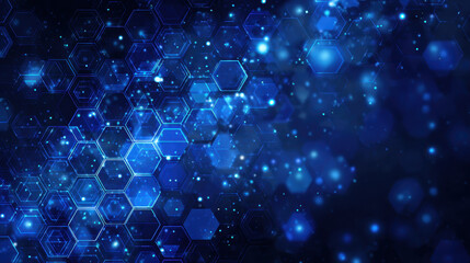 Futuristic digital background with glowing blue hexagons and bokeh lights creates sense of technology and innovation. abstract design is dynamic and visually captivating