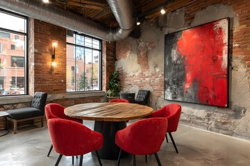 Wall Mural - Industrial meeting room features exposed brick walls, a round wooden table, and modern chairs. The space is bathed in natural window light.