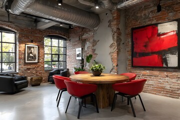 Wall Mural - Industrial meeting room features exposed brick walls, a round wooden table, and modern chairs. The space is bathed in natural window light.