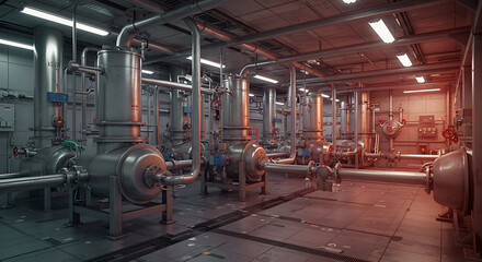 Industrial Equipment: A high-angle view showcases an array of interconnected pipes and machinery, suggesting industrial processes in a futuristic environment.