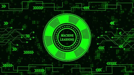 Futuristic green interface with machine learning concept, digital technology screen display, abstract background with circuit board and data flow, artificial intelligence.