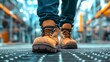 © Latifmaulana - Close-up of rugged work boots on a textured floor in an industrial setting, showcasing durability and style