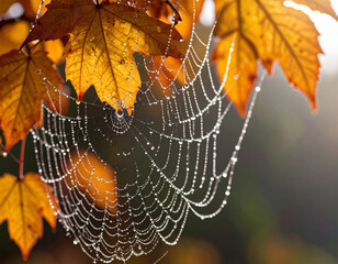 This macro perspective captures the fragile elegance of a spider’s web adorned with shimmering dewdrops