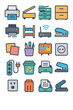 © Volodymyr Kozakov - Shared Office Tools icons in modern flat vector style in minimalistic vibrant color design: printer, scanner, copier, filing cabinet, shredder, paper