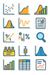 © Volodymyr Kozakov - Statistical Analysis icons in modern flat vector style in minimalistic vibrant color design: scatter plot, regression line, bell curve, histogram bars