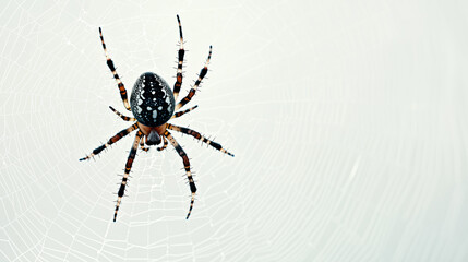 Spider on web isolated on plain white background, copy space.