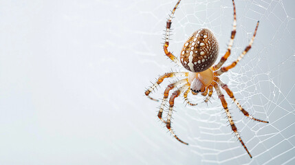 Spider on web isolated on white background, copy space.
