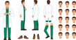 © Vex flow - Male Doctor Character Design Sheet with Lab Coat, Facial Expressions, Multiple Views, and Outfit Details for Medical Animation Projects