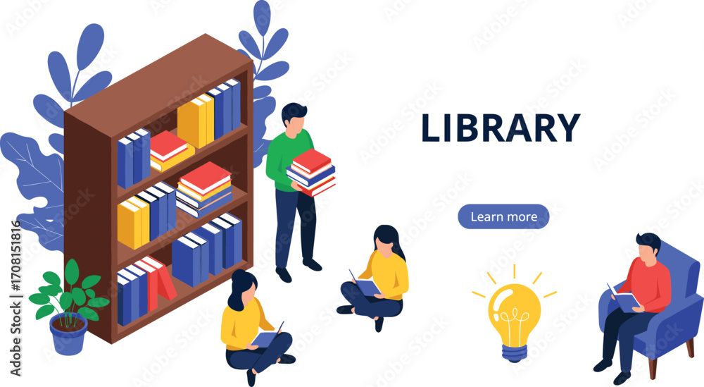 Vektor Library cartoon illustration, bookshelf, reading people ...