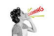 © deagreez - Composite trend artwork sketch photo collage of retro picture vintage obsolete style young woman housewife say loud speak cleaning task