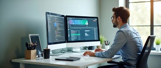 Employee concentrating on tasks at modern desk workstation equipped with dual monitors office supplies and productivity tools against clean background in  Photo Stock  Concept  and empty space on the 