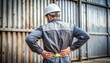 © patcharida - A construction worker in a hard hat holds his lower back, possibly indicating pain or injury at a worksite.