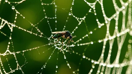 Macro shot of a tiny mosquito trapped in an intricate spiderweb glistening with countless morning dew drops Captivating close-up of natures delicate beauty agai