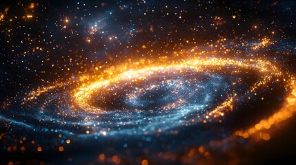 Wall Mural - A vibrant swirling galaxy of luminous gold and blue particles against a dark star speckled cosmic background
