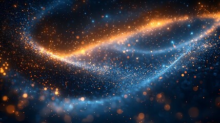 Wall Mural - Abstract depiction of luminous swirling blue and orange particle trails creating dynamic waves against a dark deep space background