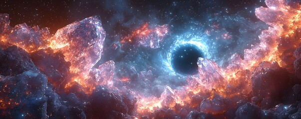 Wall Mural - A cosmic scene featuring a glowing black hole at the center surrounded by luminous angular crystals and vibrant nebulae