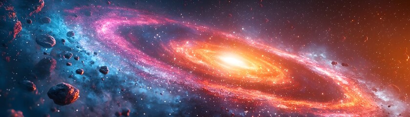 Wall Mural - A vibrant spiral galaxy with luminous arms and scattered asteroids in deep space
