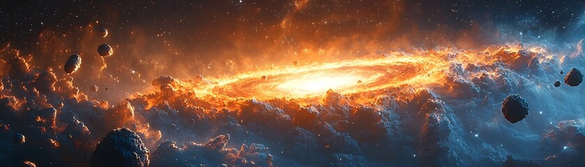 Wall Mural - A vibrant glowing galactic core or nebula with a swirling ring surrounded by numerous asteroids and cosmic dust clouds