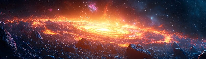 Wall Mural - A swirling fiery galaxy nebula glows brightly surrounded by dark rocky terrain and distant stars