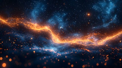 Wall Mural - Vibrant cosmic nebula with glowing orange and blue light streams against a dark starry sky