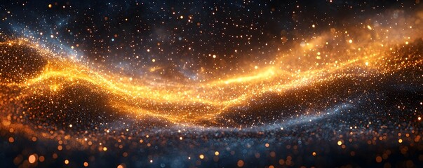 Wall Mural - A vibrant and abstract depiction of cosmic energy with a flowing wave of luminous golden particles and stardust shimmering across a deep dark galaxy