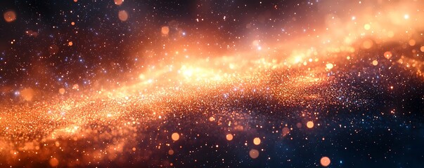 Wall Mural - A vibrant luminous cosmic wave of golden and orange particles against a deep blue star filled nebula background