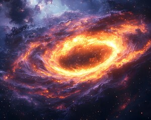 Wall Mural - A luminous swirling nebula glows with fiery orange and yellow light against a deep cosmic background depicting vast energy