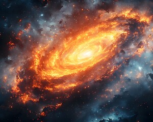 Wall Mural - A luminous spiral galaxy vibrant with swirling cosmic dust and glowing gas clouds expands across the dark infinite expanse of deep space