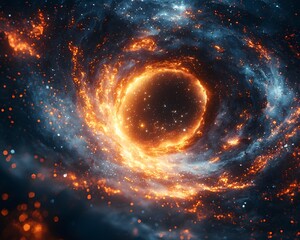 Wall Mural - A luminous cosmic vortex with a fiery ring surrounded by swirling blue nebulae and scattered stars in deep space