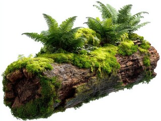 Wall Mural - Mossy Log with Ferns Isolated on White Background for Nature and Environmental Concepts