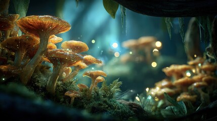 Wall Mural - Enchanting Mushroom Colony Illuminated by Fairy Lights in a Magical Forest, Nature's Fantasy and Dreamy Scenery
