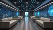 © Johnnii - A modern office space featuring sleek sofas, large windows with city views, and futuristic digital displays.