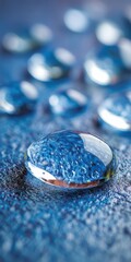 Wall Mural - Close-Up of Crystal Droplets on a Vibrant Blue Background, Highlighting Texture and Detail in Focus