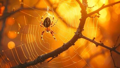 A spider weaving a glowing web between twisted branches golden orange background
