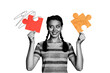 © deagreez - Collage image picture of cheerful pretty nice woman hold puzzle element isolated on drawing background