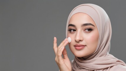 Portrait of a glowing beautiful muslim woman isolated against grey studio background. Young woman wearing a hijab or headscarf showing her eyelash extensions while applying a cream moisturizer
