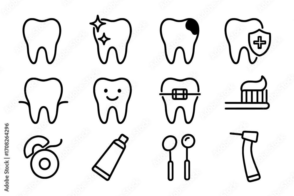 Teeth bundle of related dental line icons, outline tooth symbols for ...
