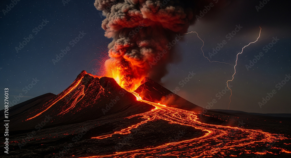 Ilustración de Stock Dramatic volcano eruption under starry night sky ...
