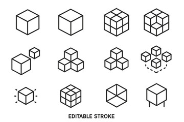 Cube isometric line icon collection. Abstract 3D box and block symbols for data, blockchain, and logistics concepts. Geometric structure and module vector icon set with editable stroke.