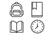 © mario - School college university education icons set. Editable line stroke vector graphics for websites, apps, cards. Includes backpack, bookmark, open book, clock symbols for learning and study concepts.