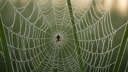 A spider waits in the center of its intricate web, adorned with glistening morning dew drops against a soft green background.