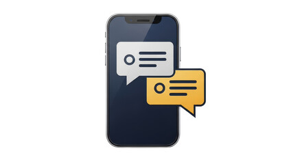 Isolated smartphone with speech bubbles displaying chat messages for communication app
