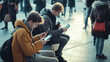 © kora studio - Young people using smartphones in busy urban setting, focused on their screens. scene captures essence of modern technology and social interaction