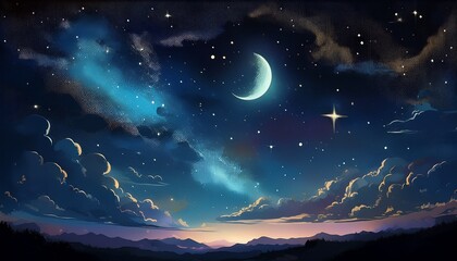 starry night sky and clouds black space and stars with a sliver of moon