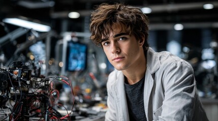 Handsome young engineer with curly hair working on electronic components and circuits in high-tech laboratory or workshop environment