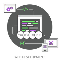 Thin line art illustration of the website coding and development process